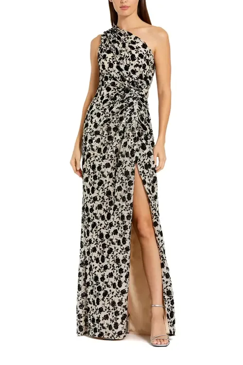 One Shoulder Sequin Gown with Floral Velvet Detail by Mac Duggal