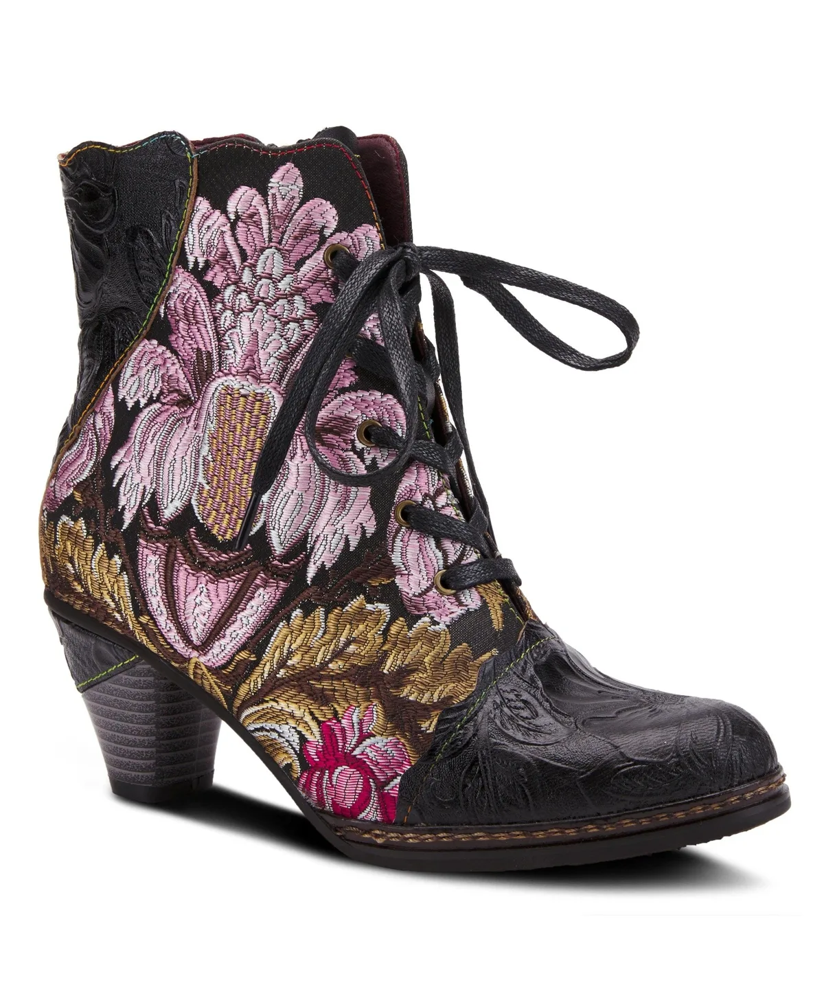 Siren Embroidered Floral Lace-Up Booties with Embossed Leather, Scalloped Trim & Cone Heel by L'artiste