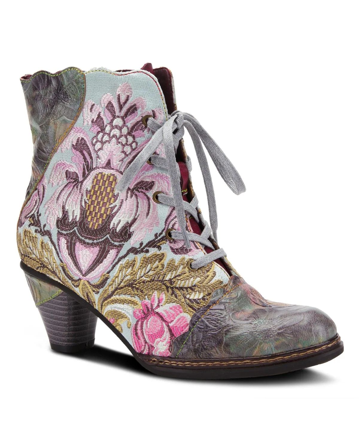 Siren Embroidered Floral Lace-Up Booties with Embossed Leather, Scalloped Trim & Cone Heel