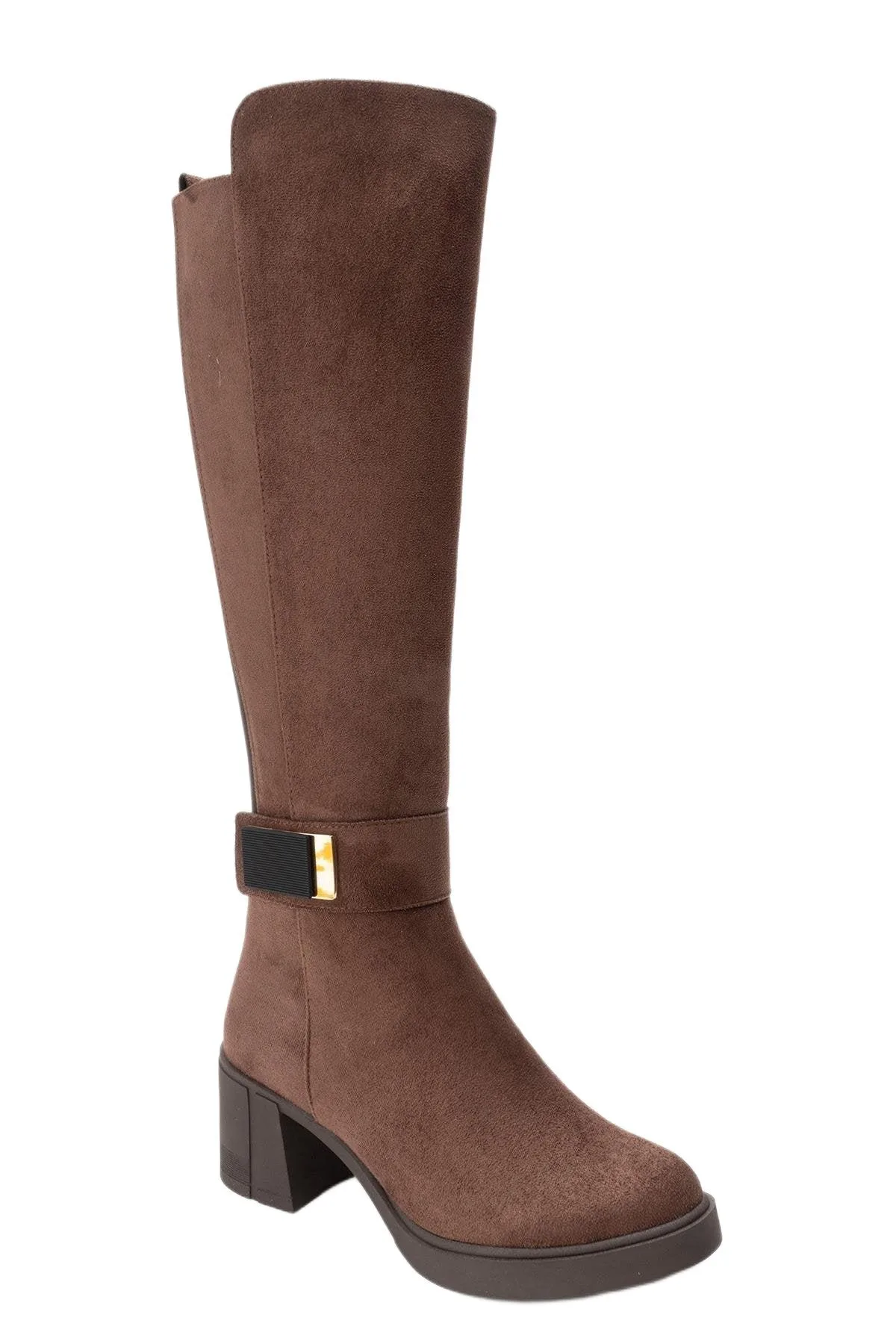 Moreni Stretch Buckle Block Heel Knee High Boot by Prologue Shoes