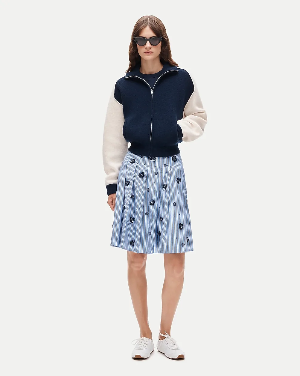 Pleated Prep Skirt in Stripe with Floral Embellishments by J.Crew