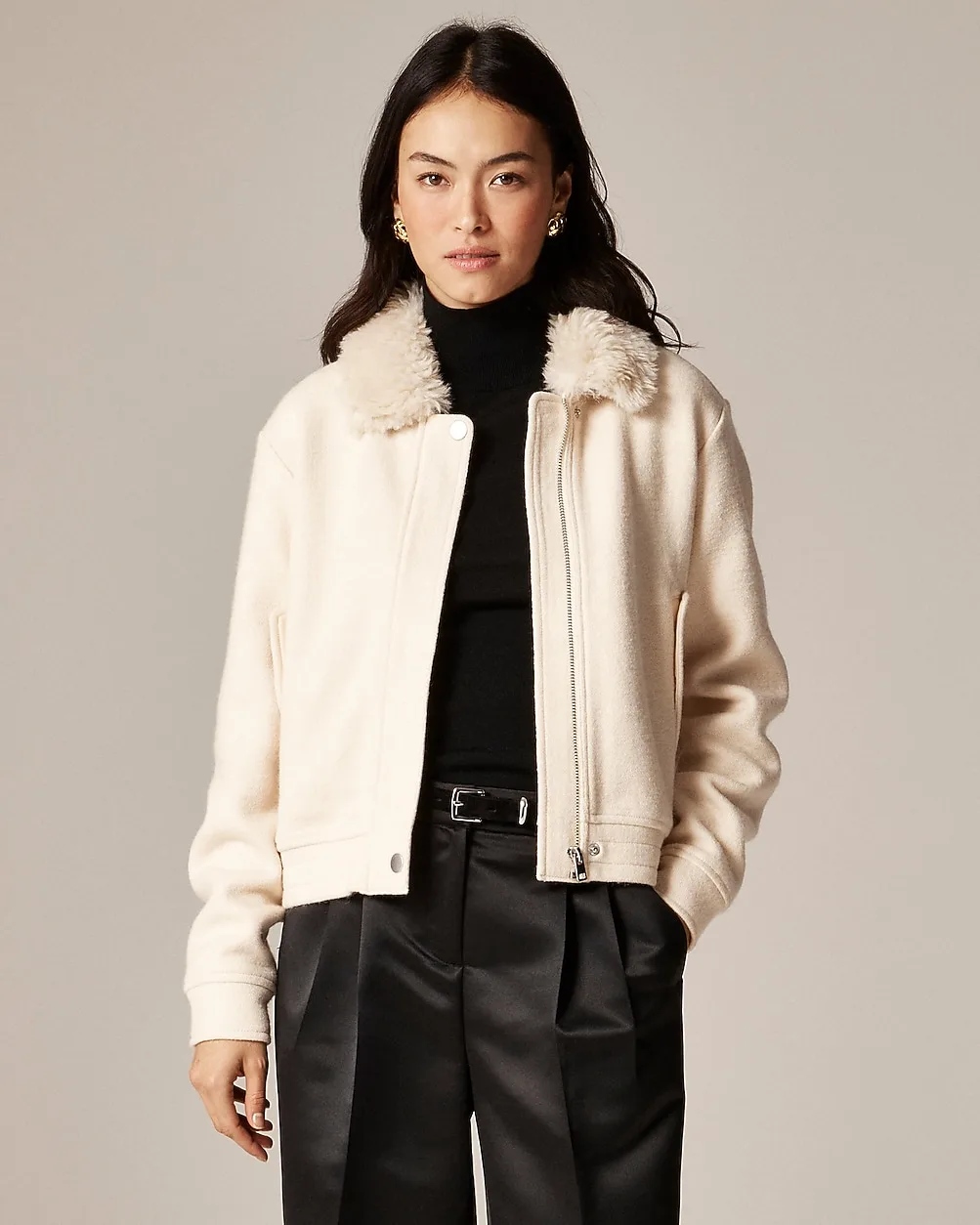 Wool-Blend Flight Jacket with Faux-Fur Collar by J.Crew