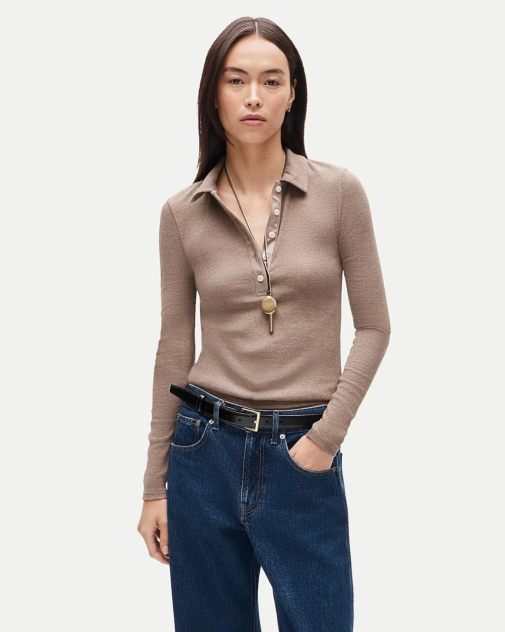 Perfect Rib Long-Sleeve Polo Shirt with Satin Trim