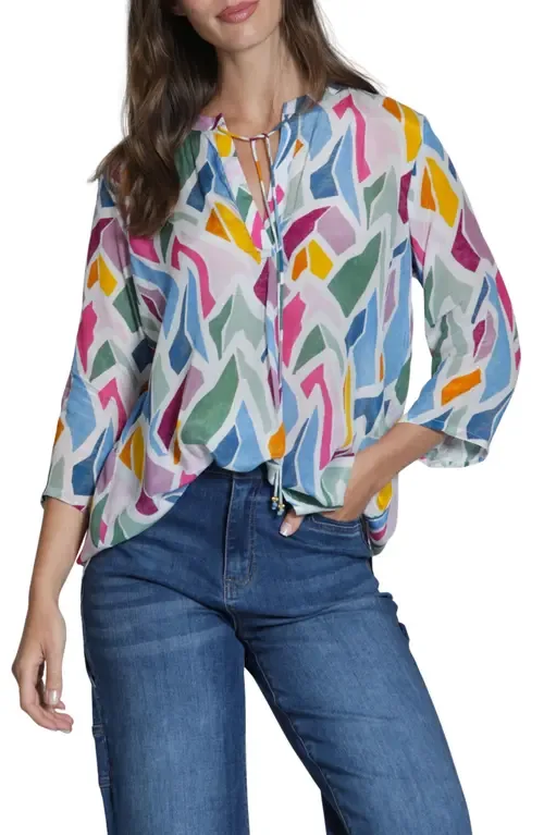 Print Tassel Split Neck Chiffon Top by APNY