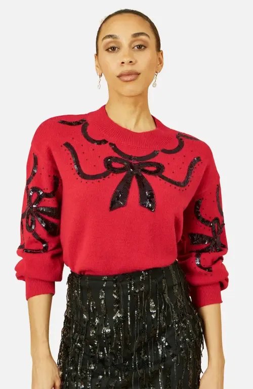 Sequinned Bow Neckline Sweater by Yumi