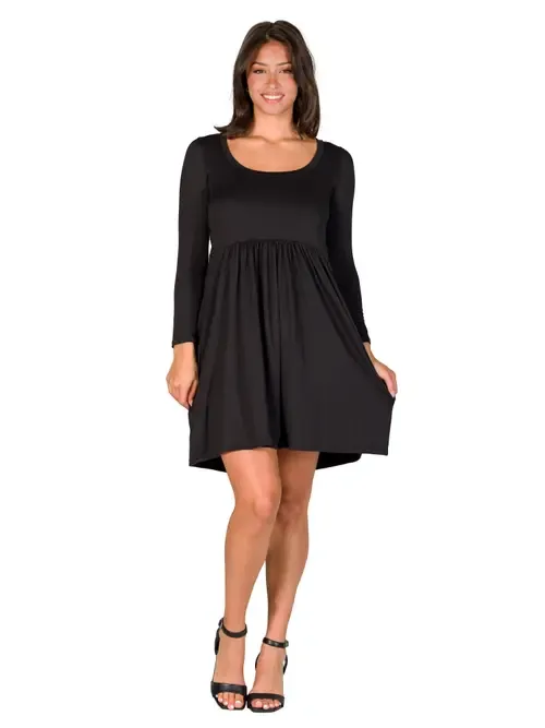Long Sleeve Babydoll Knee Length Dress by 24seven Comfort Apparel