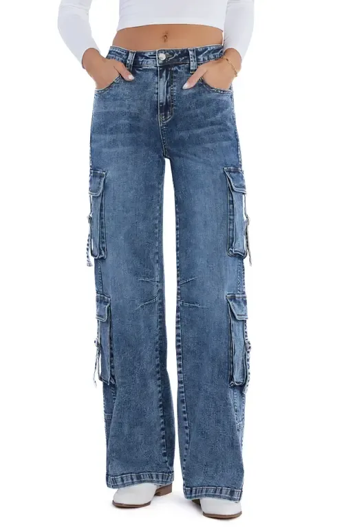 High Waist Straight Leg Cargo Jeans by Wash Lab Denim