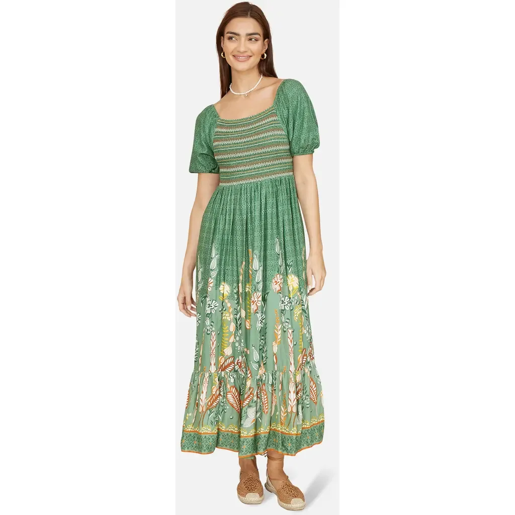 Ruched Leaf Print Maxi Dress by Yumi