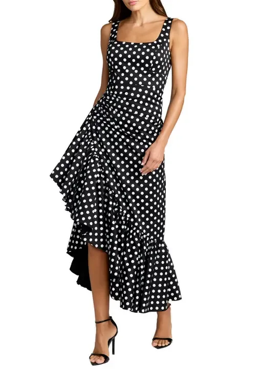 Sleeveless Polka Dot Midi Dress with Ruffled Hem by Mac Duggal