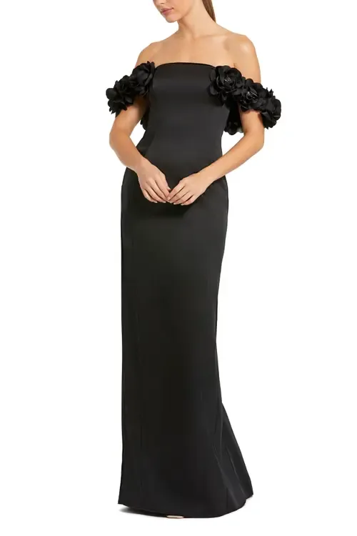 Satin 3D Flower Off the Shoulder Mermaid Gown by Mac Duggal