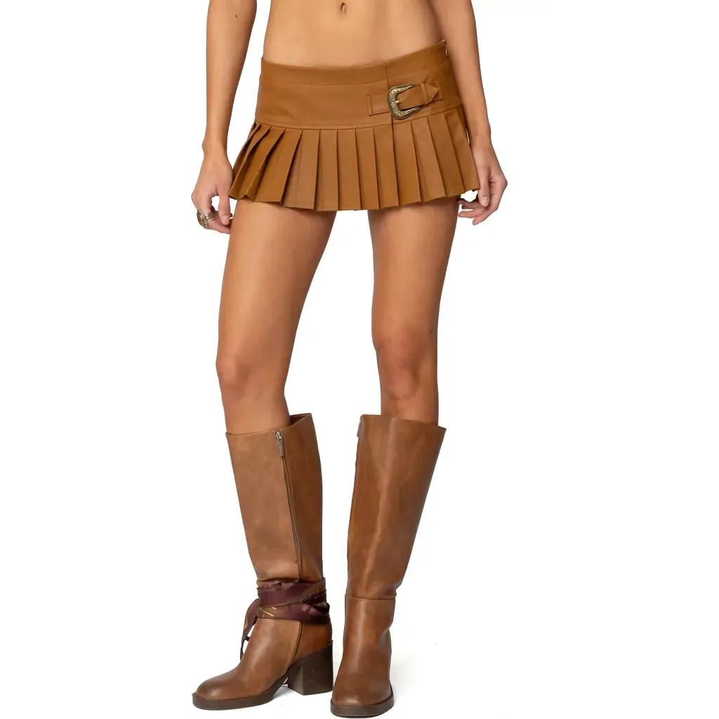 Pleated Faux Leather Mini Skort by EDIKTED