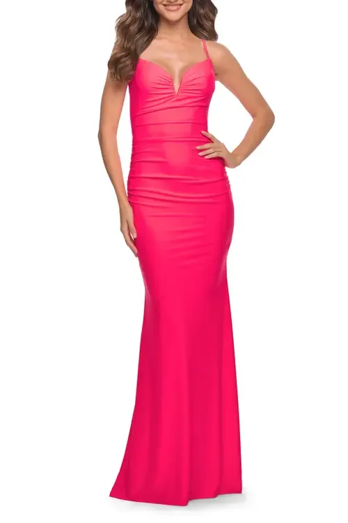 Stunning Luxe Jersey Dress with Deep V Neckline by La Femme
