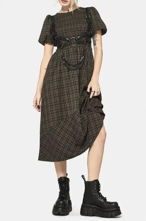 Rhiannon Check Shirred Bodice Midi Dress by Disturbia