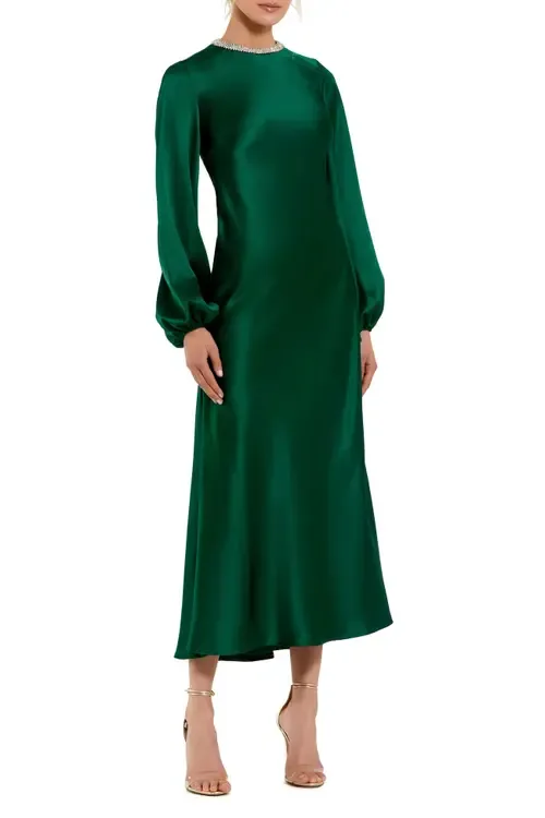 Crystal Embellished High Neck Satin Dress by Mac Duggal