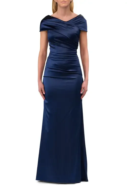 Off the Shoulder Stretch Satin Ruched Evening Gown by La Femme