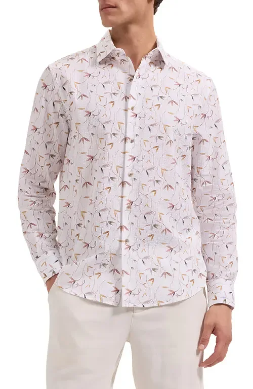 Julian Shaped Fit Leaf Print Cotton Seersucker Button-Up Shirt