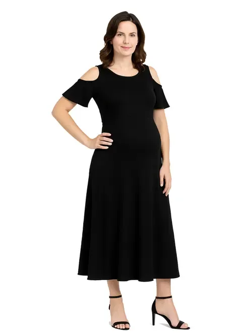 Maternity Ruffle Cold Shoulder A-Line Maxi Dress by 24seven Comfort Apparel