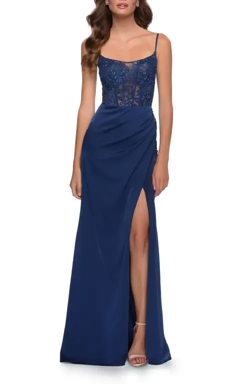 Satin Dress with Sheer Lace Bodice and Slit by La Femme