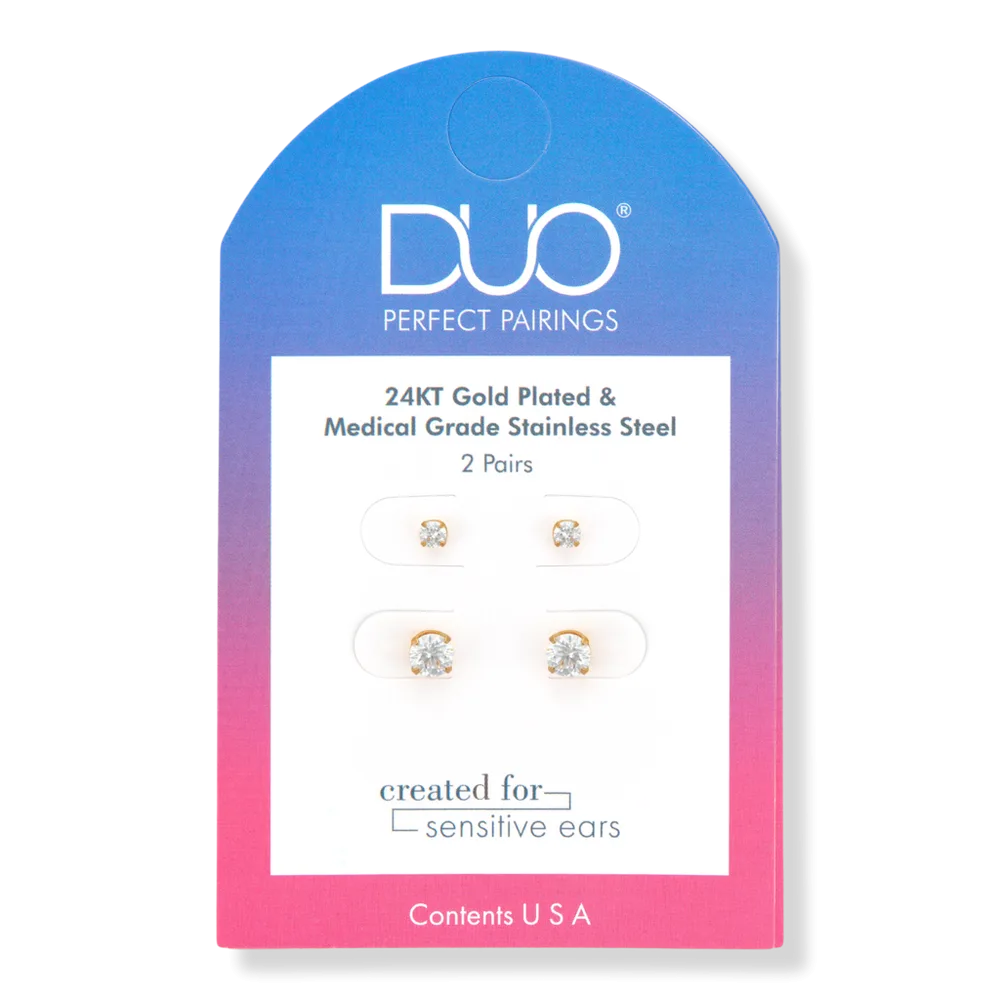 24KT Gold Plate 3MM and 5MM CZ Stud Set by DUO Perfect Pairings