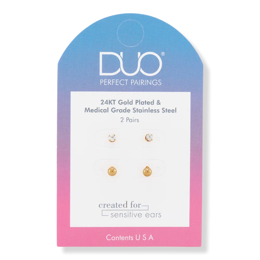 24KT Gold Plate 4MM Ball and 3MM CZ Stud Set by DUO Perfect Pairings