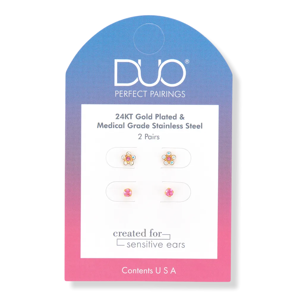 Stainless Steel Crystal and Rose Flower and 24KT Gold Plate Rose Crystal Stud Set