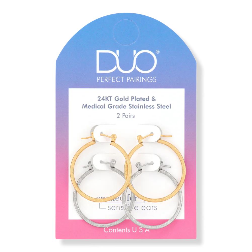 Stainless Steel and 24KT Gold Plate 1" Checkerboard Hoop Set