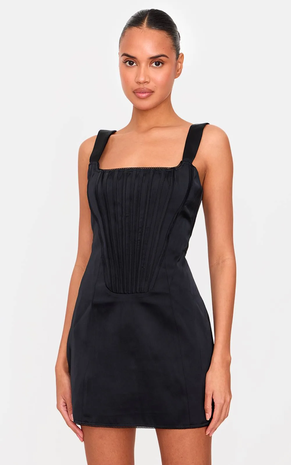 Premium Woven Square Neck Lace Back Corset Bodycon Dress