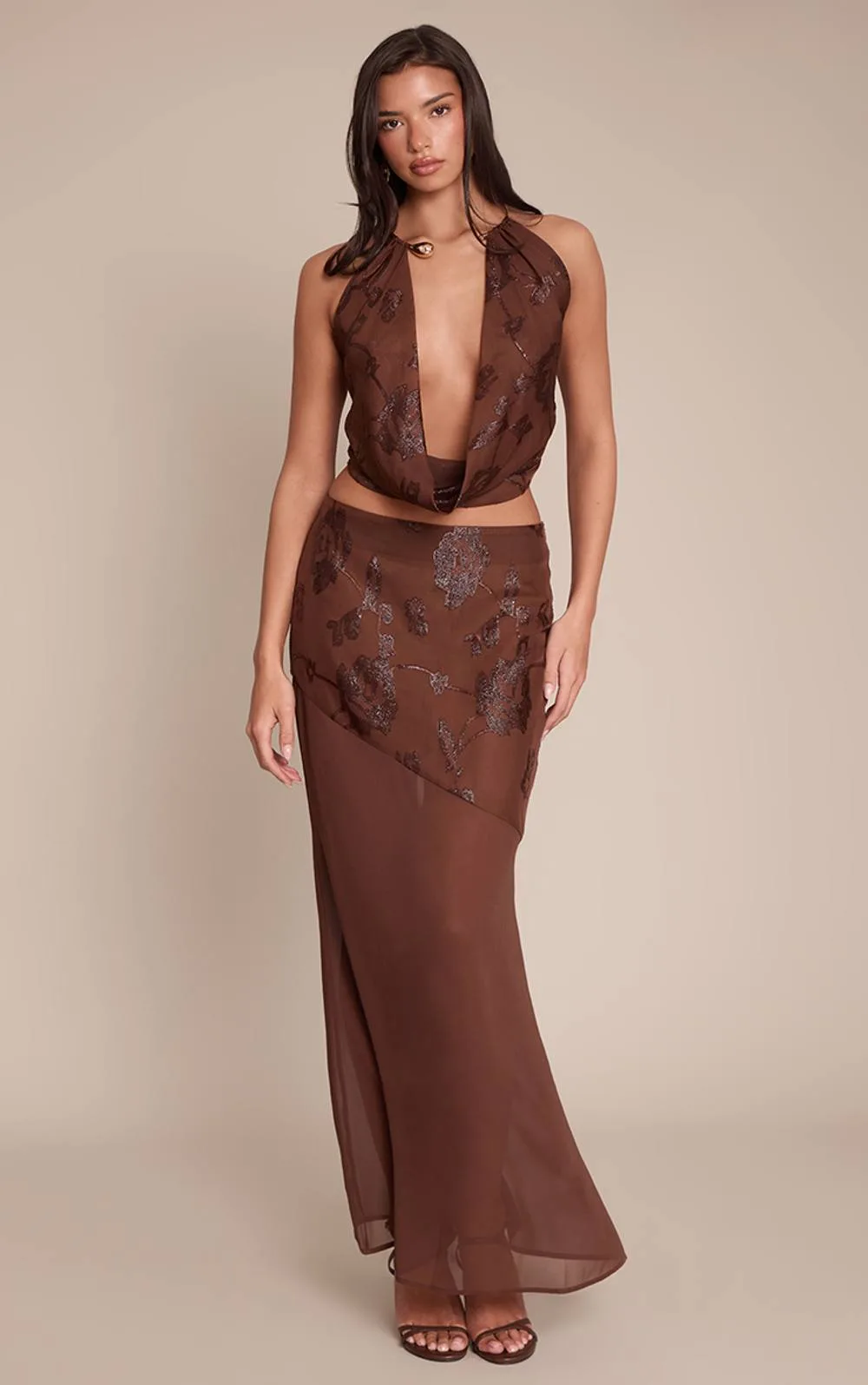 Floral Glitter Chiffon Low Rise Maxi Co-Ord