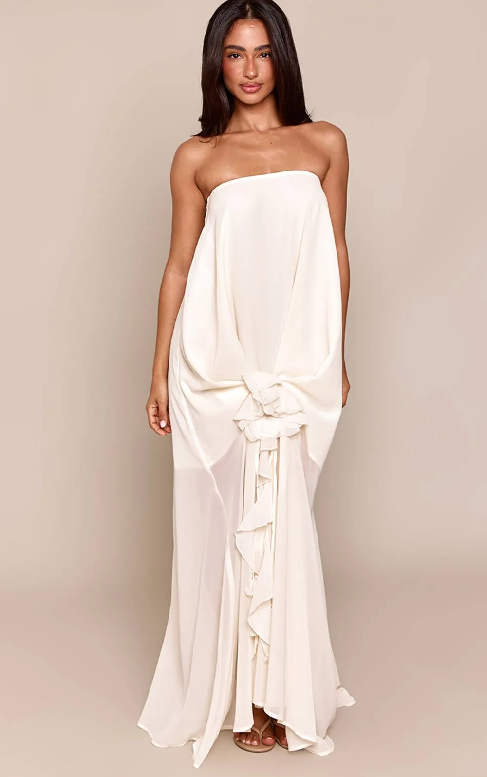 Bandeau Chiffon Flower Detail Drape Maxi Dress