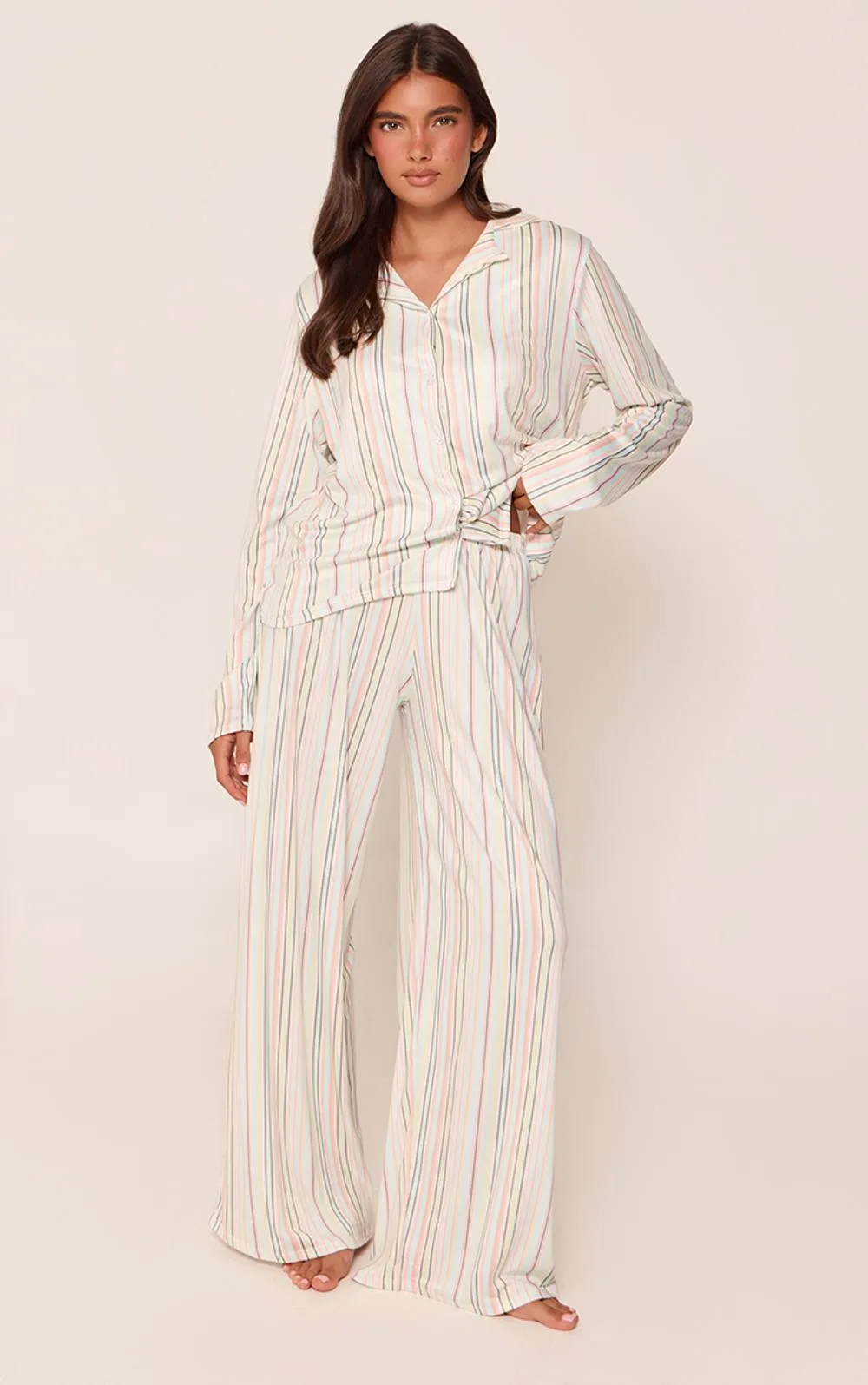 Pastel Stripe Printed Long Sleeve Button Through Pajama Set by PrettyLittleThing