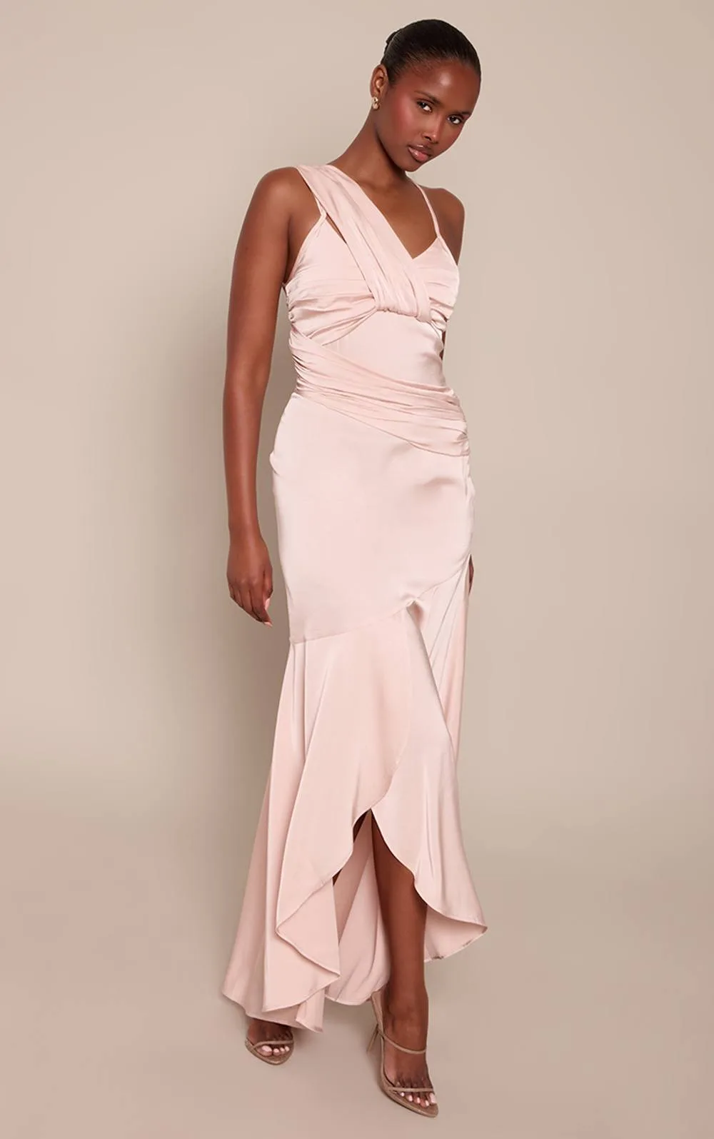 Satin Pleated Details Strappy Maxi Dress