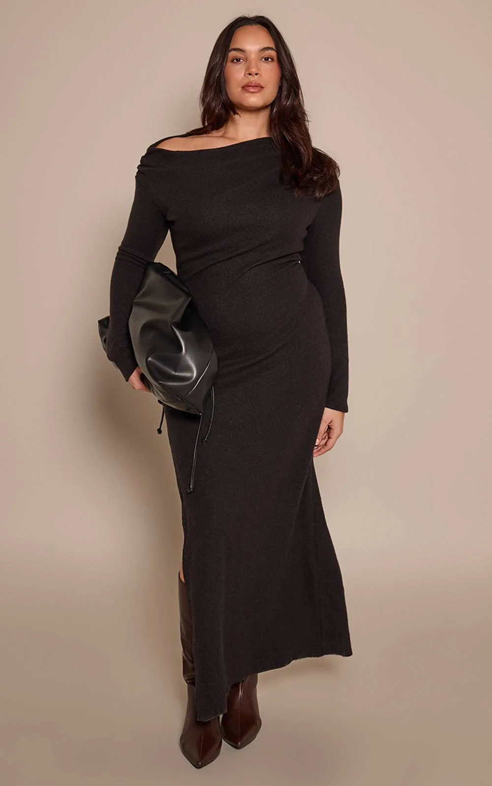 Brushed Rib Long Sleeve Ruched Maxi Dress by PrettyLittleThing