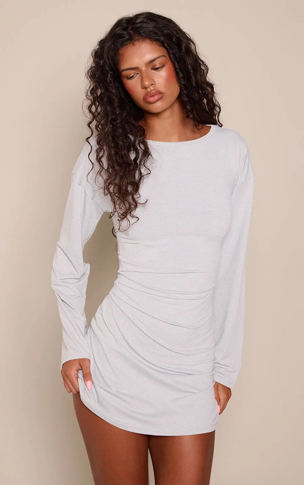 Soft Touch Long Sleeve Ruched Side Mini Shift Dress by PrettyLittleThing