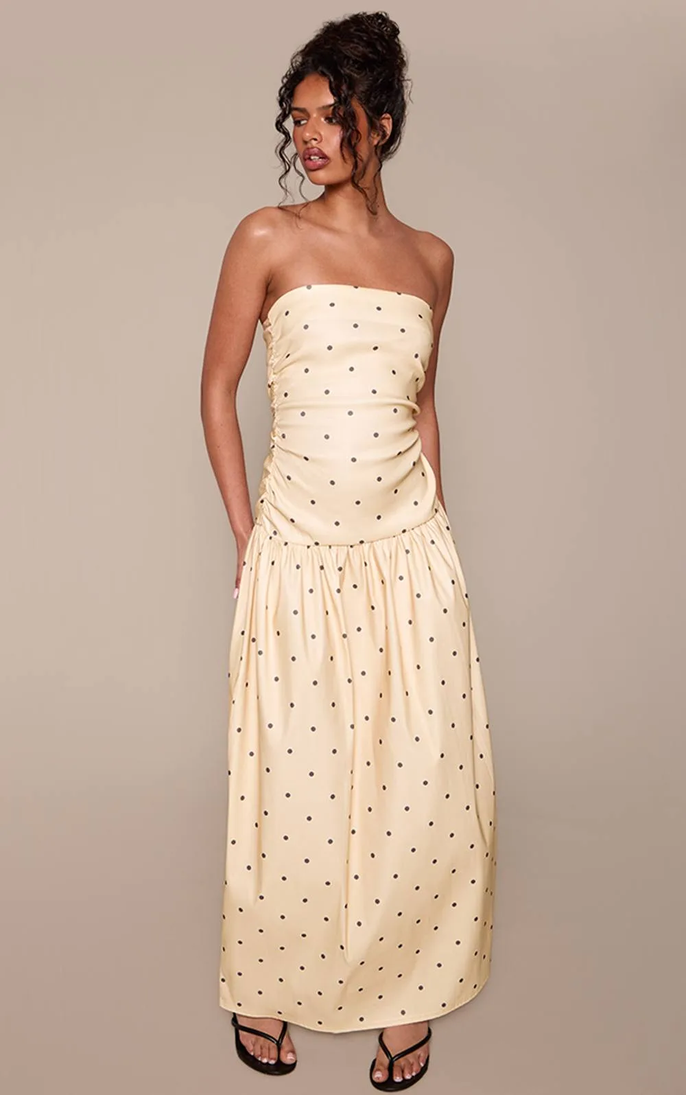 Polka Dot Stretch Woven Bandeau Ruched Maxi Dress by PrettyLittleThing