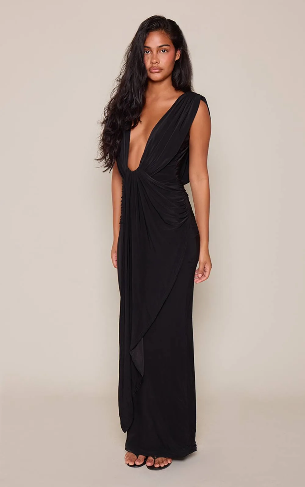 Double Layer Slinky Plunge Drape Maxi Dress by PrettyLittleThing