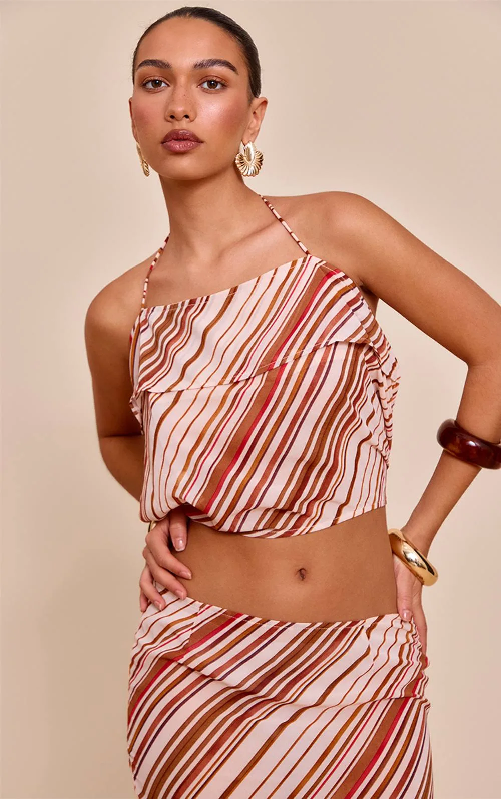 Chiffon Striped Halterneck Strappy Top Co-Ord