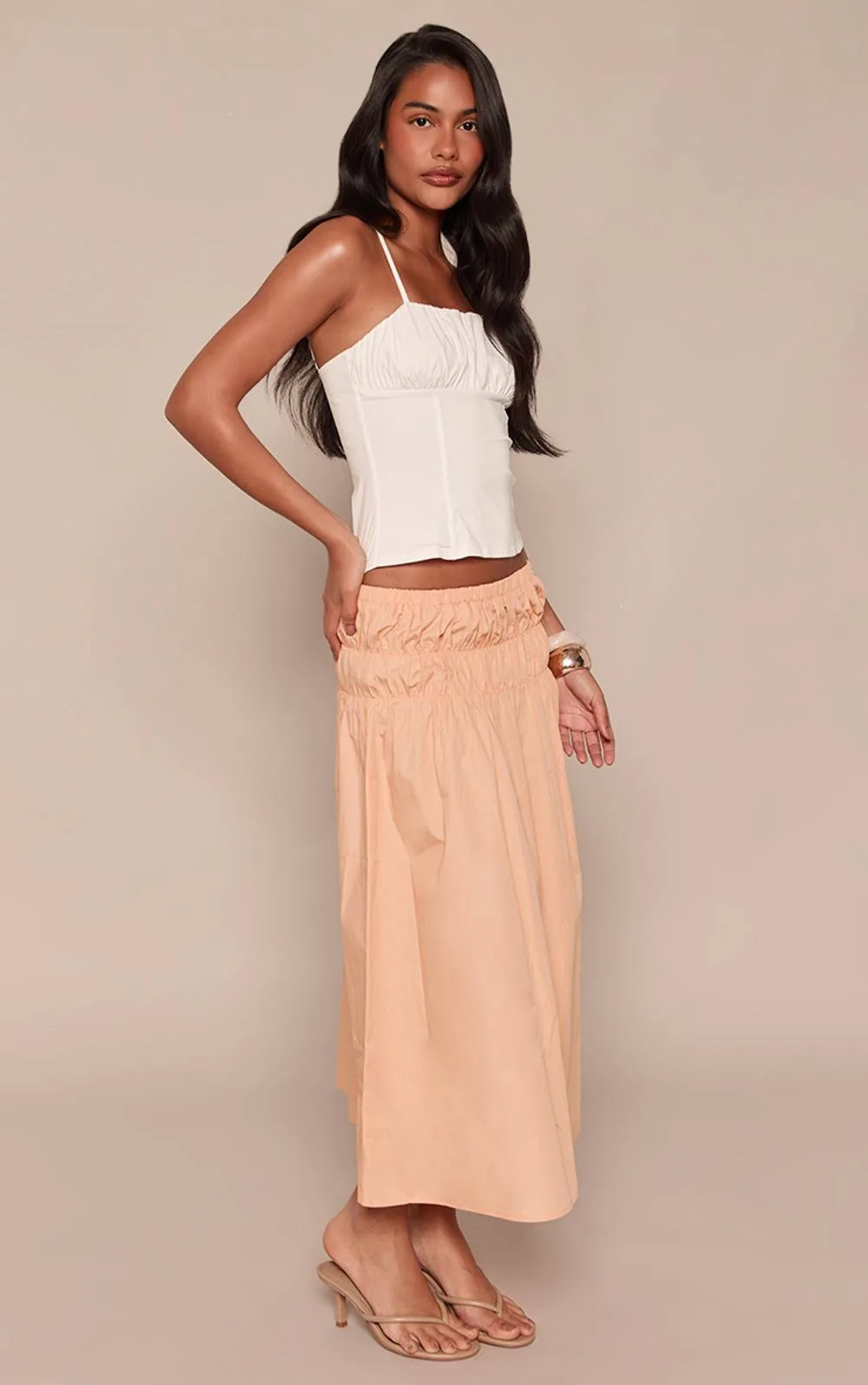Cotton Shirred Drop Waist Midi Skirt