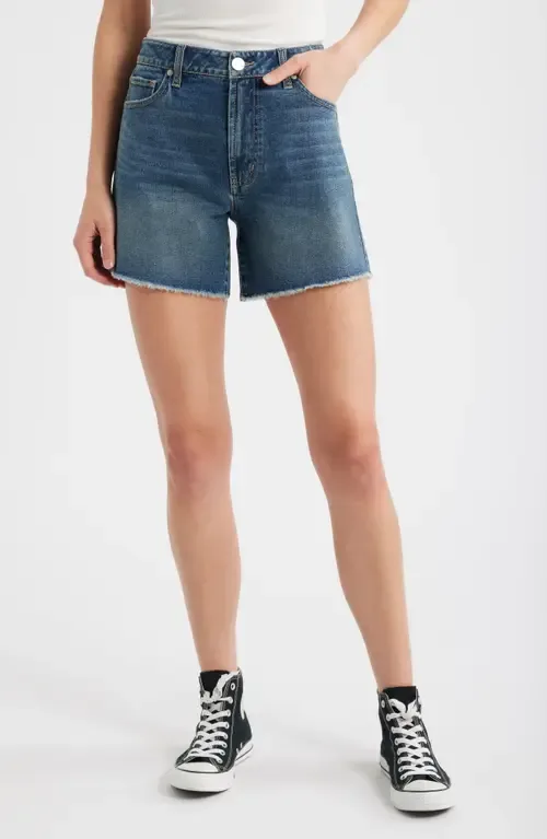 Frayed High Waist Mid Thigh Relaxed Denim Shorts by 1822 Denim