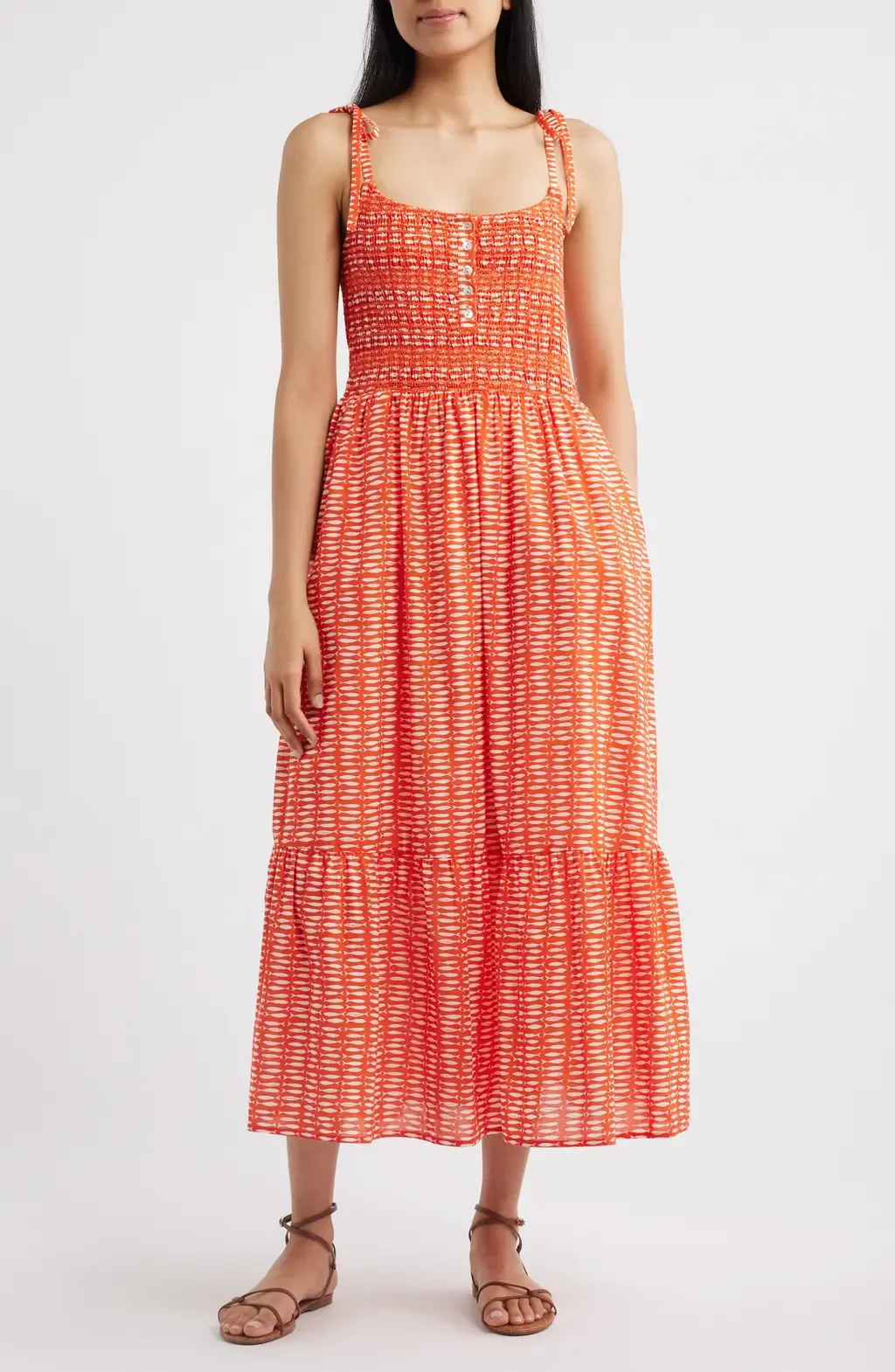 Carmen Tie Strap Ruffle Hem Midi Dress in Sardina Print