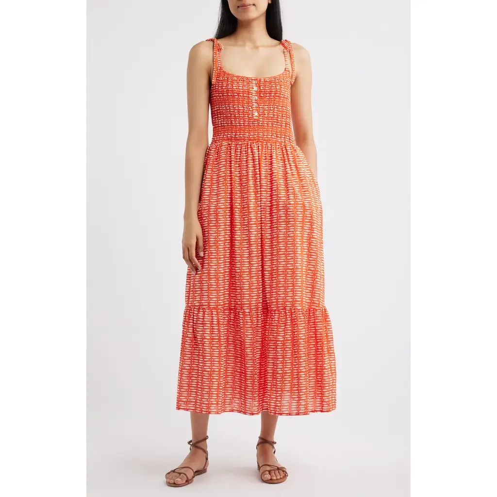 Carmen Tie Strap Ruffle Hem Midi Dress in Sardina Print by Marine Layer