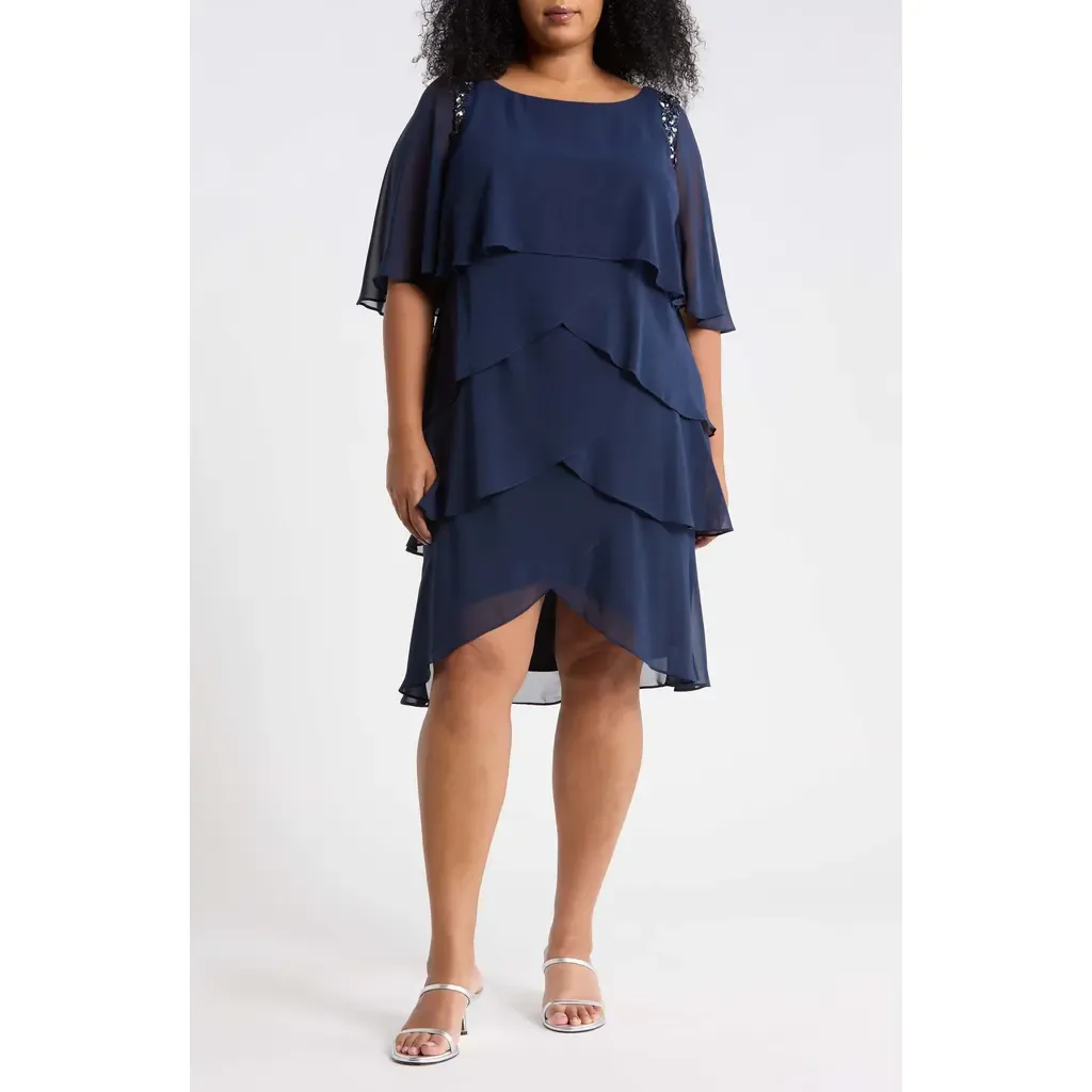 Cape Overlay Beaded Cocktail Dress by SL FASHIONS