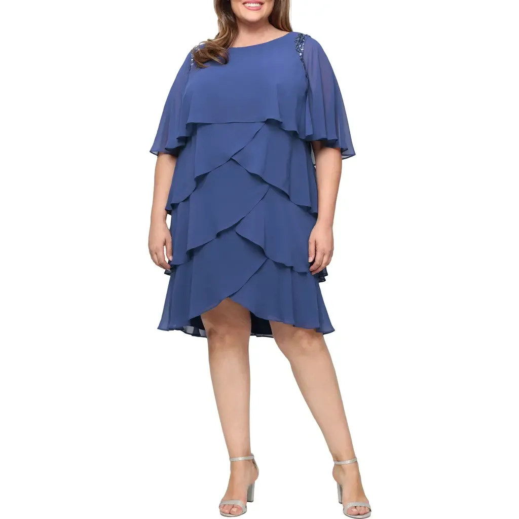 Cape Overlay Beaded Cocktail Dress