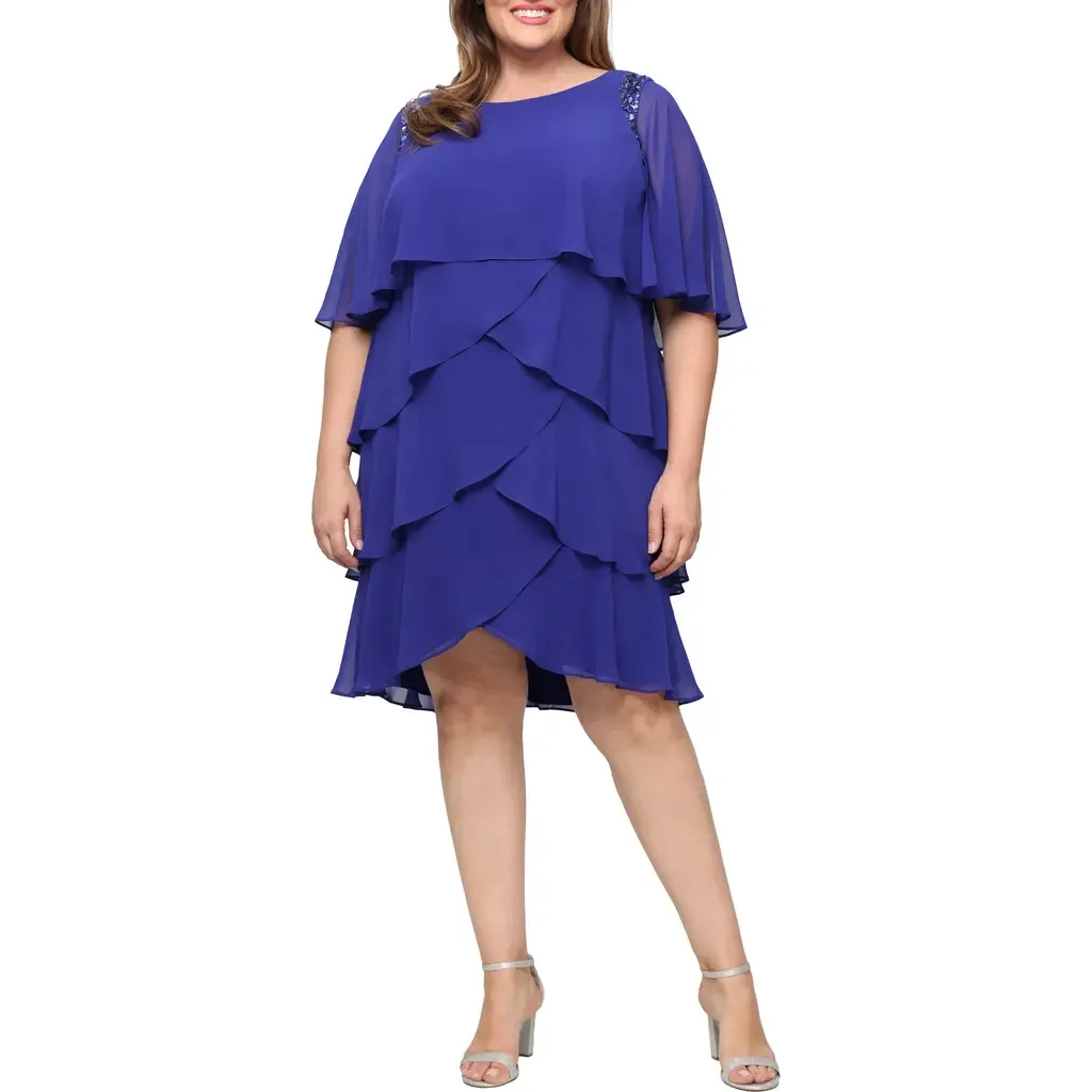 Cape Overlay Beaded Cocktail Dress