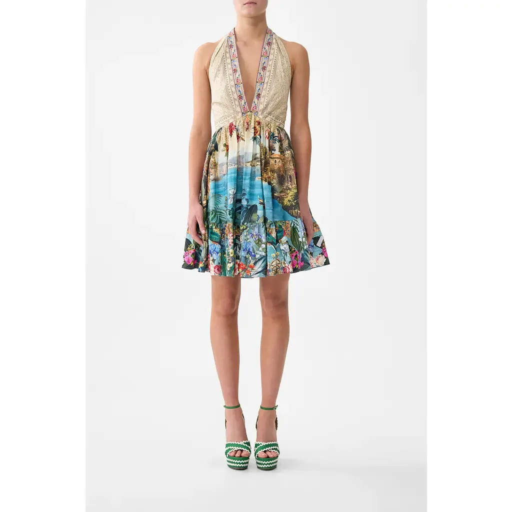 Ruffle Hem Halter Short Dress in Bodrum Botanicals by Camilla