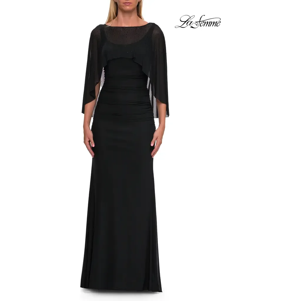 Jersey Gown with Sheer Beaded Cape Overlay by La Femme