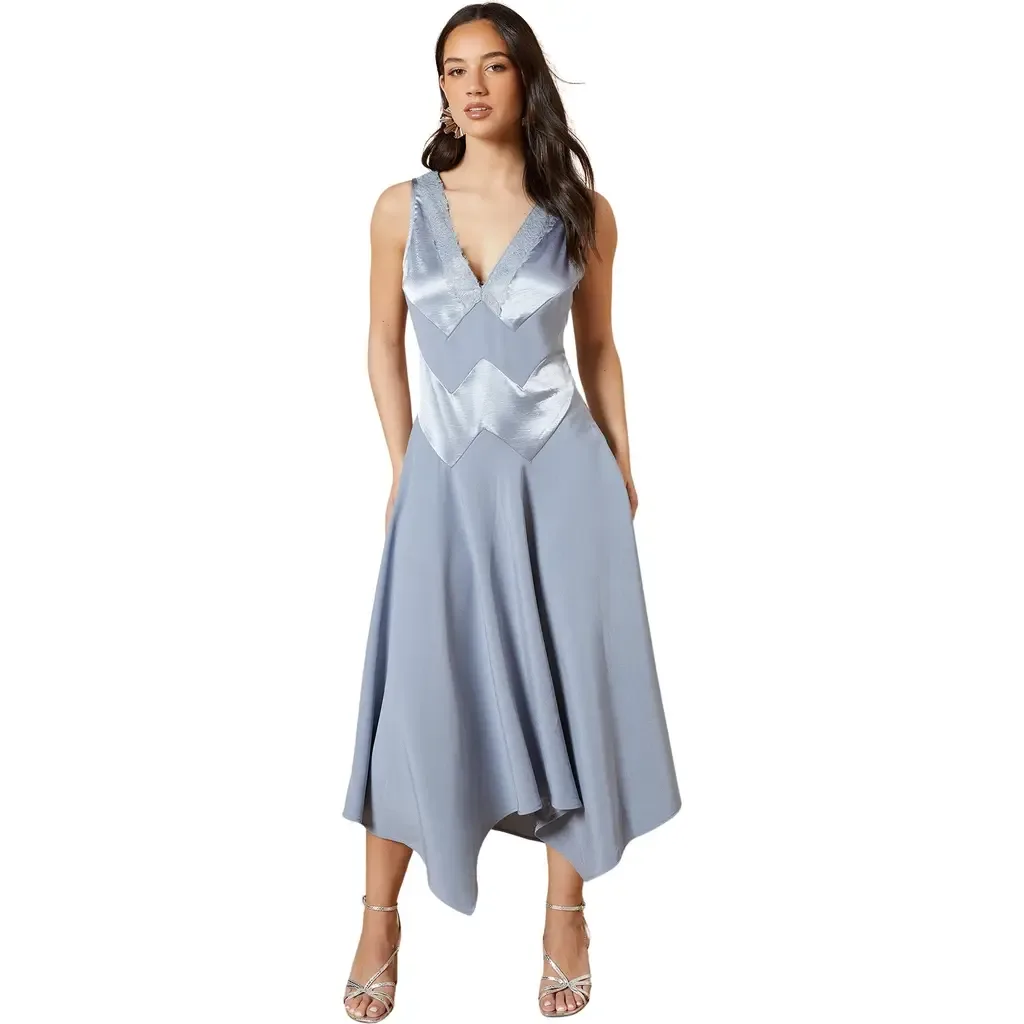 V-Neck Mesh Asymmetric Midi Dress by Oasis