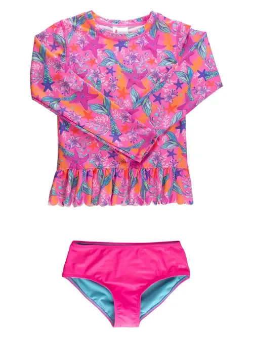 Scallop Hem Long Sleeve Rash Guard 2-Piece Bikini Swimsuit by RuffleButts