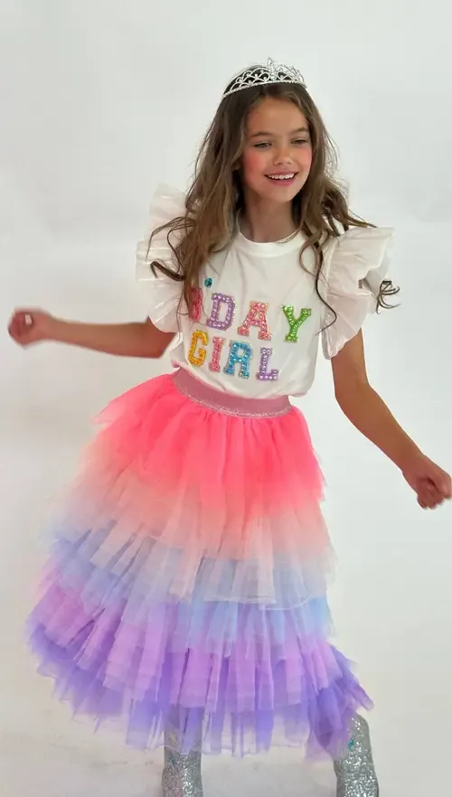 Birthday Girl Gem Ruffle Shirt with Age on Back by Lola + The Boys