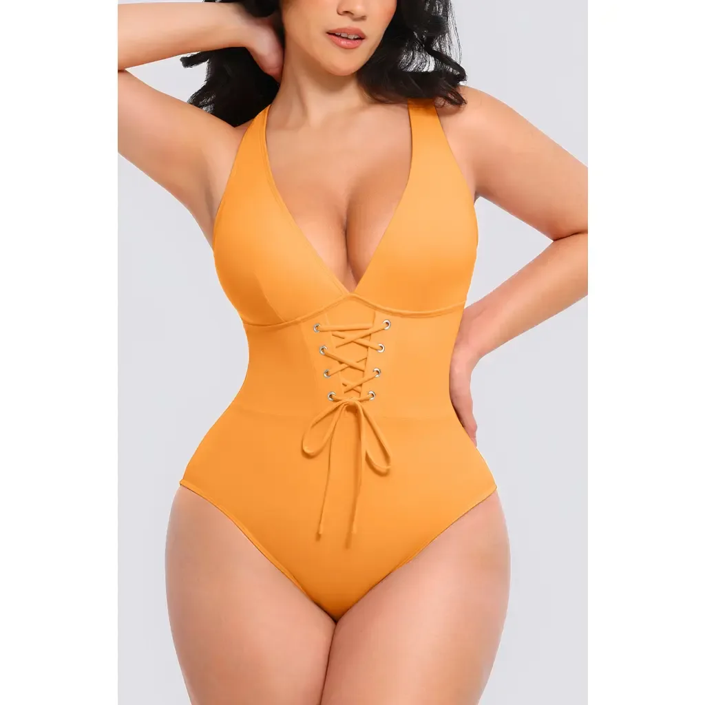 Plunge Lace-Up Tummy Control One-Piece Swimsuit