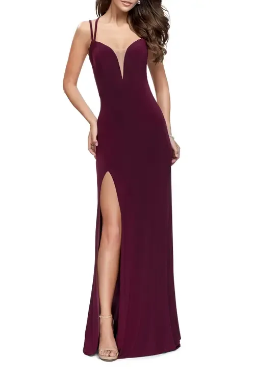 Long Classic Prom Dress with Side Leg Slit and Deep V by La Femme